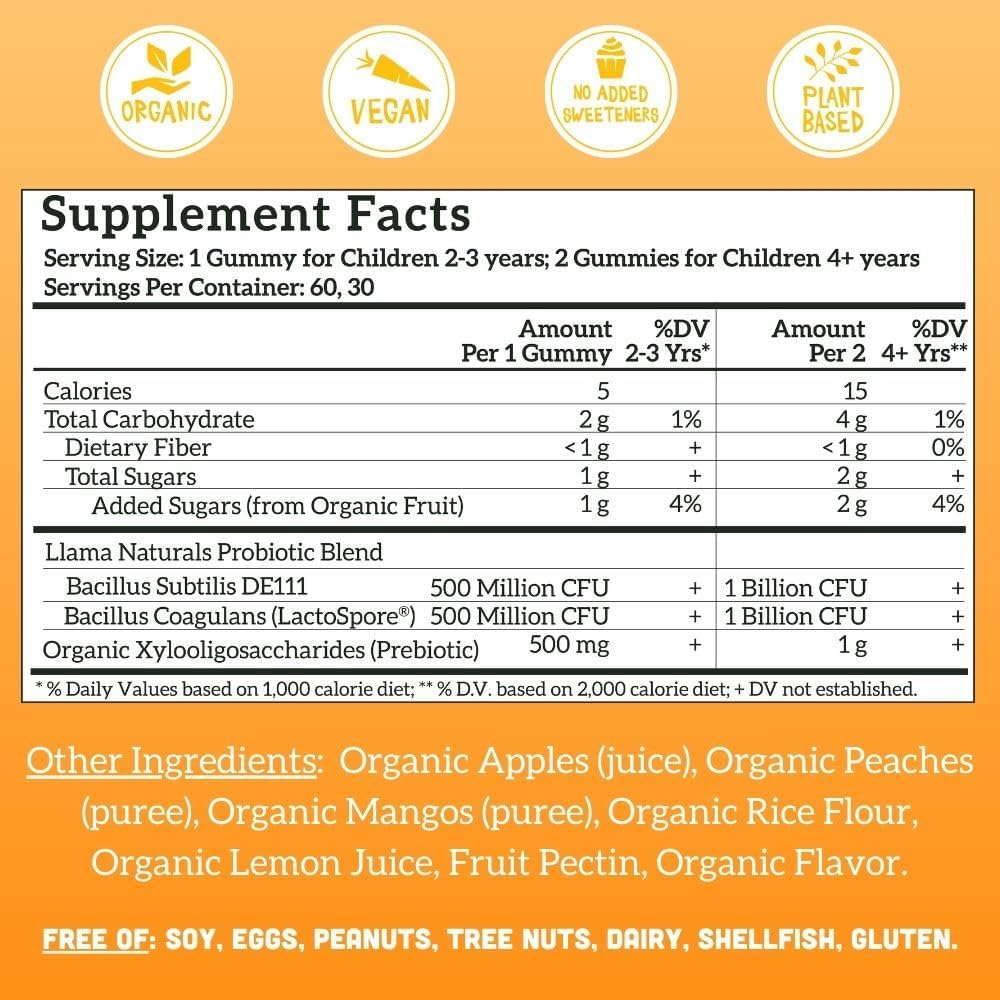 Llama Naturals Probiótico Infantil con Prebiótico - Gomitas Veganas de Fruta Real - Sin Azúcar Añadido - Sabor Melocotón Mango - 60 Gomitas