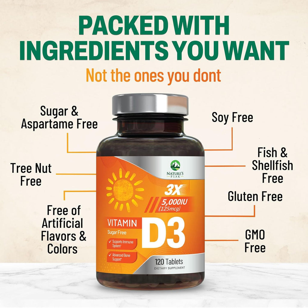 Vitamina D3 5000 UI (125 mcg) por Porción - Triple Potencia - Apoyo Inmunológico, Huesos, Dientes y Músculos - Vegano, Sin Gluten, Sabor a Frambuesa - 120 Comprimidos Masticables