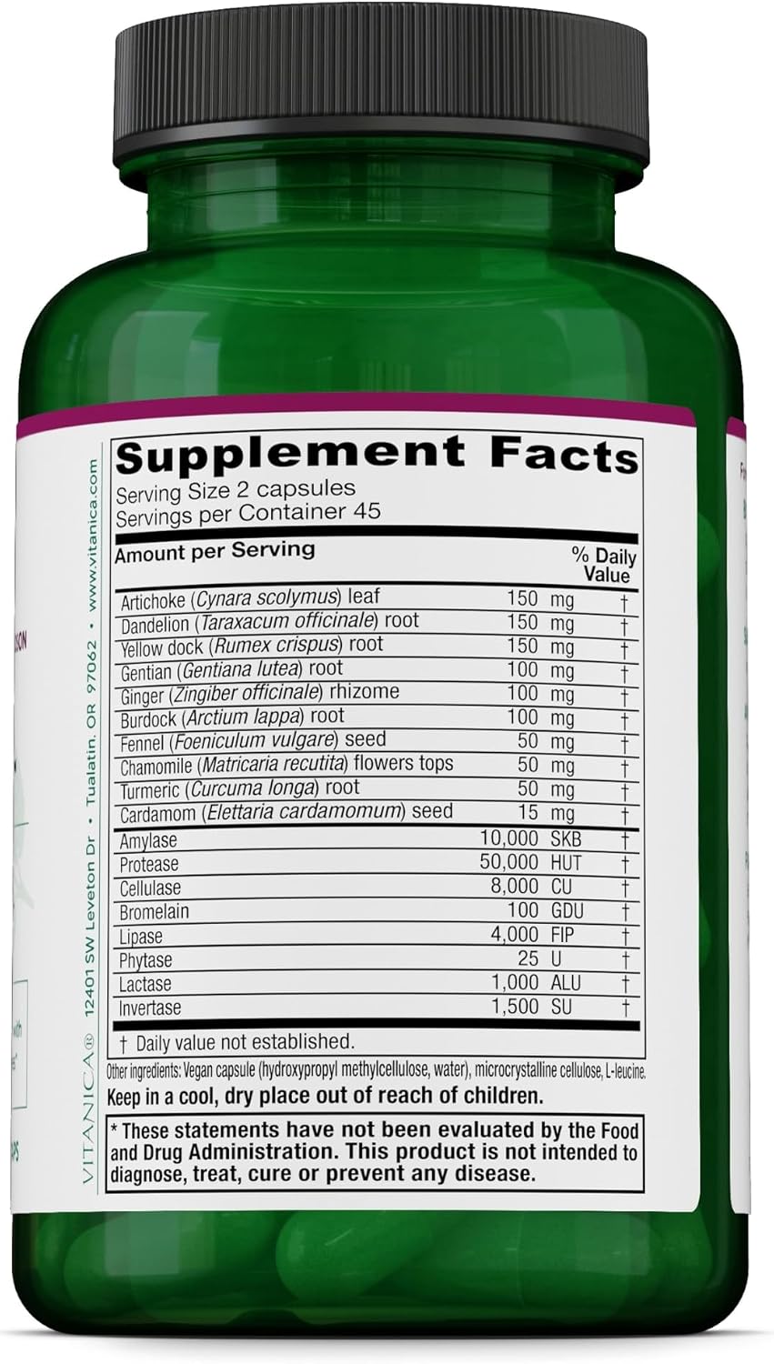Vitanica Bitters Extra - Suplemento digestivo con raíz de diente de león y enzimas vegetales - 90 cápsulas