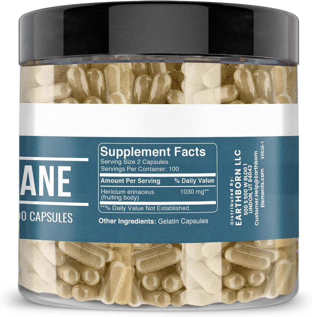 Earthborn Elements Lion's Mane 200 Cápsulas – Puro y Sin Aditivos