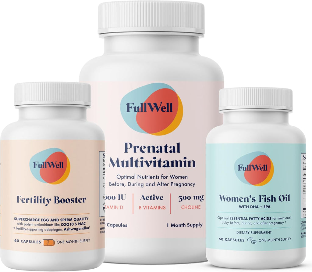 FullWell Women's Fertility Trio - Apoyo a la Fertilidad Femenina - Incluye Potenciador de Fertilidad, Multivitamínico Prenatal y Aceite de Pescado - 30 Dosis