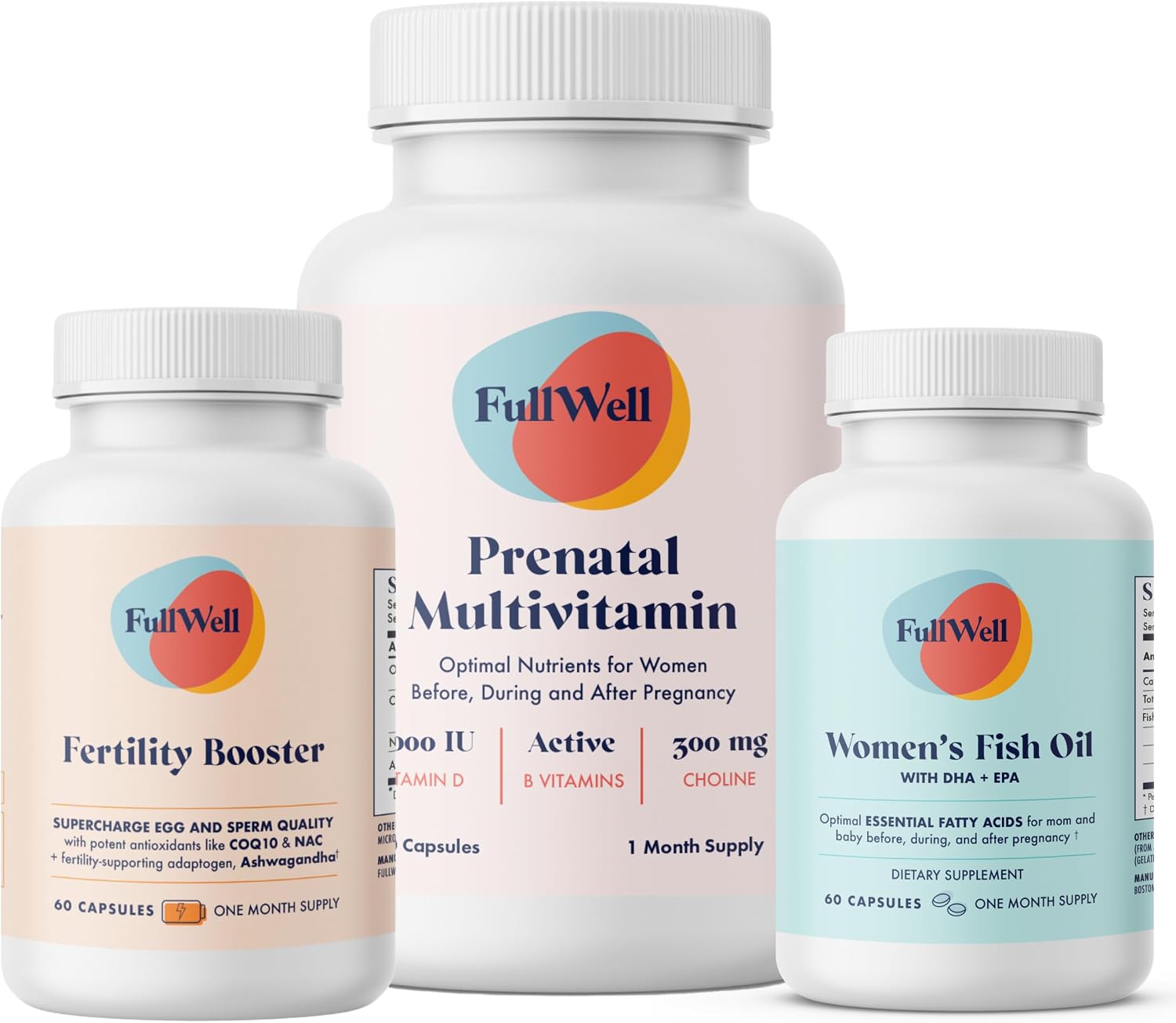 FullWell Women's Fertility Trio - Apoyo a la Fertilidad Femenina - Incluye Potenciador de Fertilidad, Multivitamínico Prenatal y Aceite de Pescado - 30 Dosis