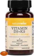 NatureWise Vitamina D3+K2 Vegana con Aceite MCT de Coco Orgánico, 5000 UI D3 + 100 mcg K2, 30 Cápsulas Blandas