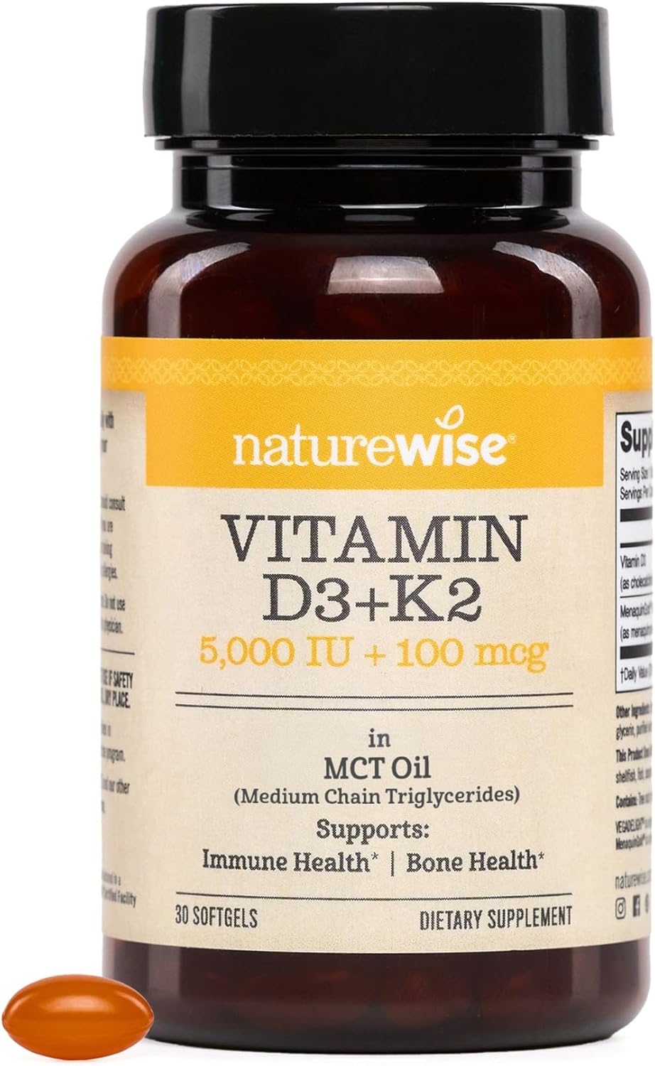 NatureWise Vitamina D3+K2 Vegana con Aceite MCT de Coco Orgánico, 5000 UI D3 + 100 mcg K2, 30 Cápsulas Blandas