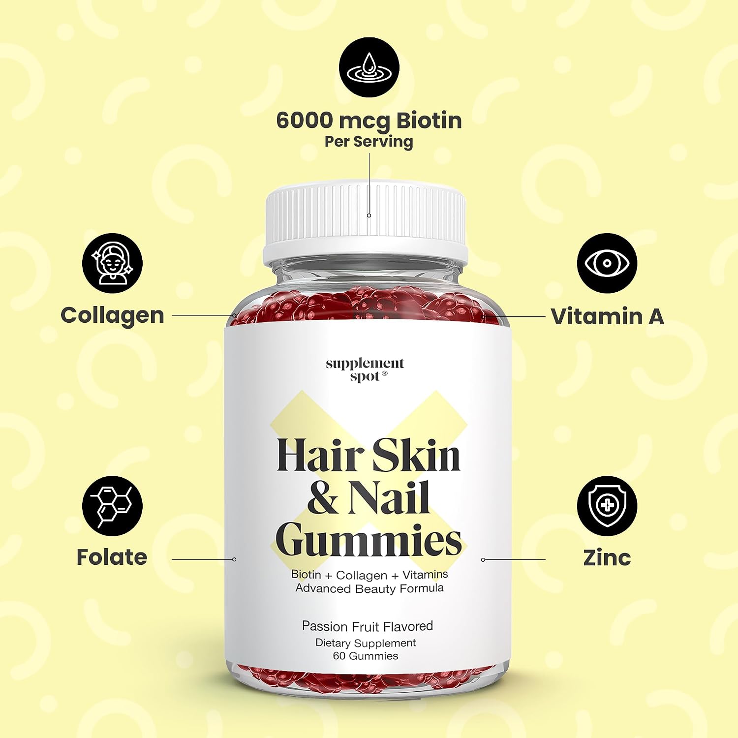 Gominolas de Biotina 6000 mcg con Colágeno para Cabello, Piel y Uñas - Sabor Maracuyá (60 Unidades)