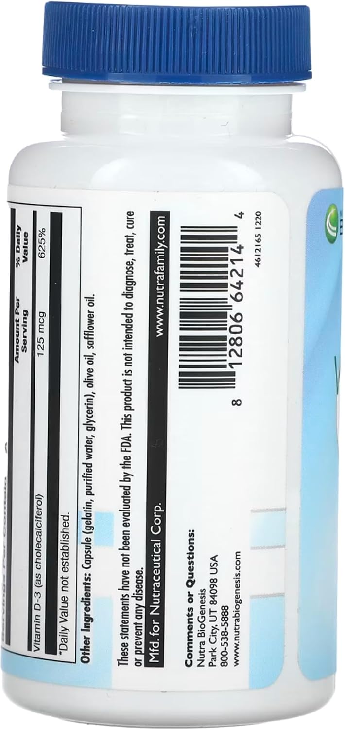 Nutra BioGenesis Vitamina D3 5000 UI - Suplemento de Vitamina D3 con Aceite de Oliva - 90 Cápsulas Blandas
