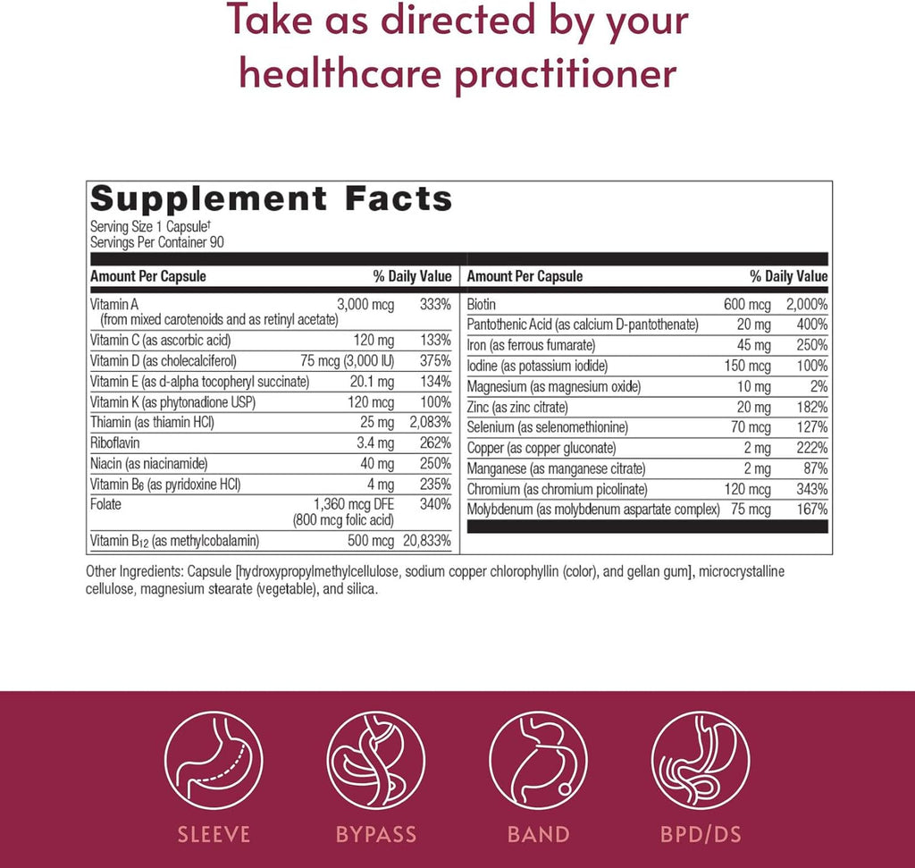 Bariatric Advantage Ultra Solo con Hierro - Multivitamínico diario para pacientes bariátricos - 90 cápsulas