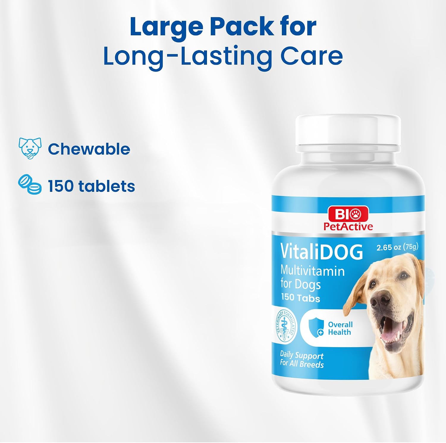Bio PetActive VitaliDOG Chewable Multivitamin for Dogs with Biotin, Vitamins A, E, B Complex and Amino Acids - 150 Chewable Tablets