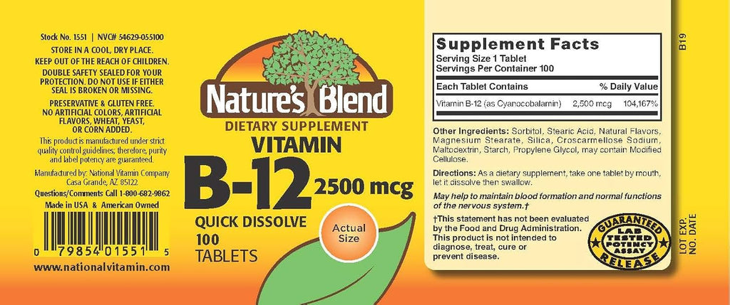 Nature's Blend Vitamina B12 2500 mcg - 100 Comprimidos
