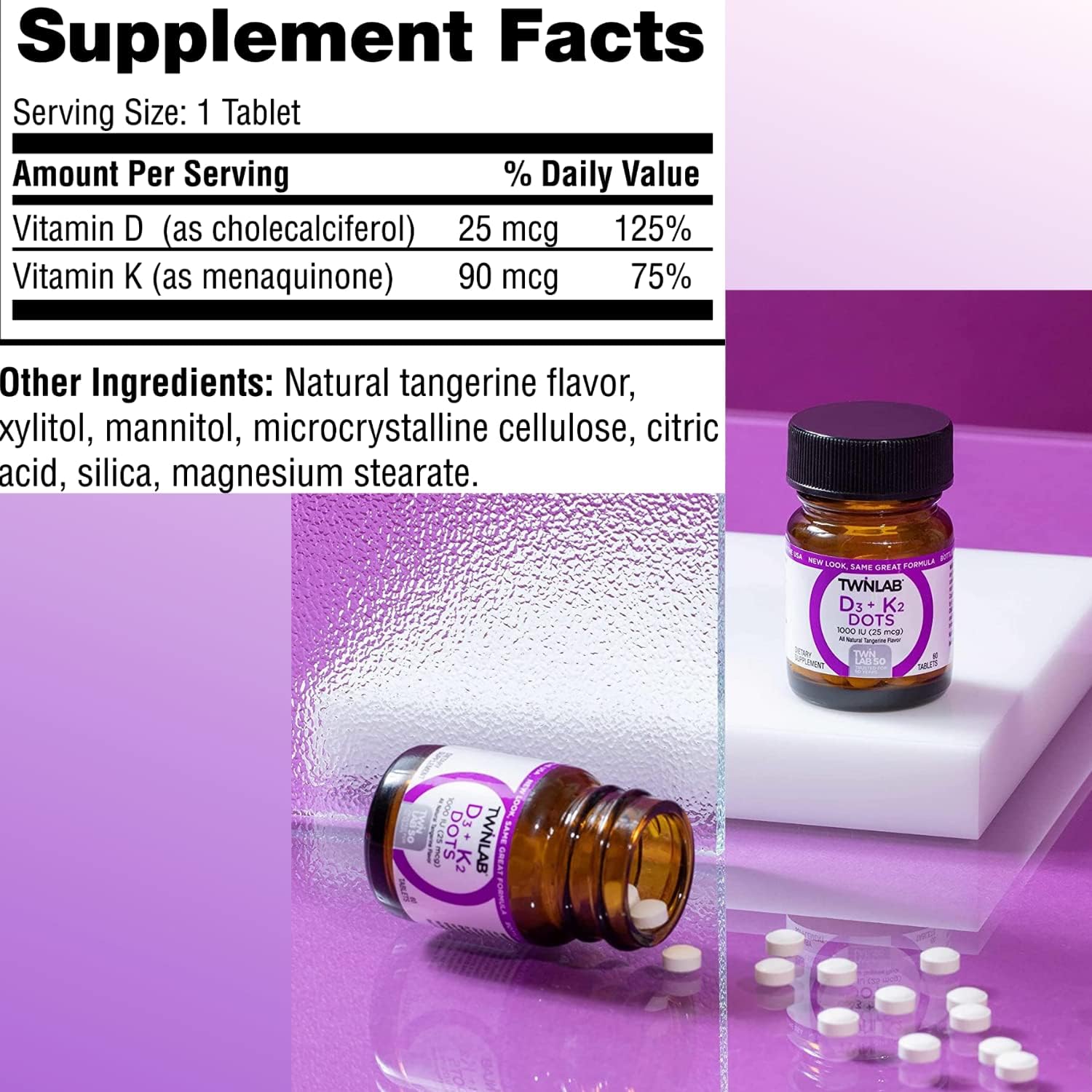 Twinlab D3 + K2 Dots - Vitamina D3 y K2 - 1000 UI D3 + 90 mcg K2 MK-7 - 60 Comprimidos (Pack de 3)
