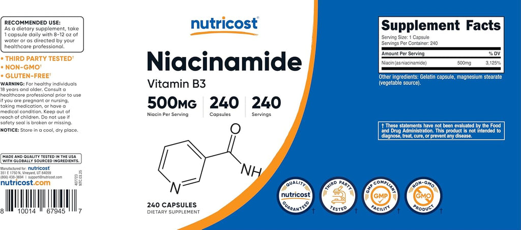 Nutricost Niacinamida (Vitamina B3) 500mg, 240 Cápsulas - Sin Enrojecimiento, No Transgénico, Sin Gluten