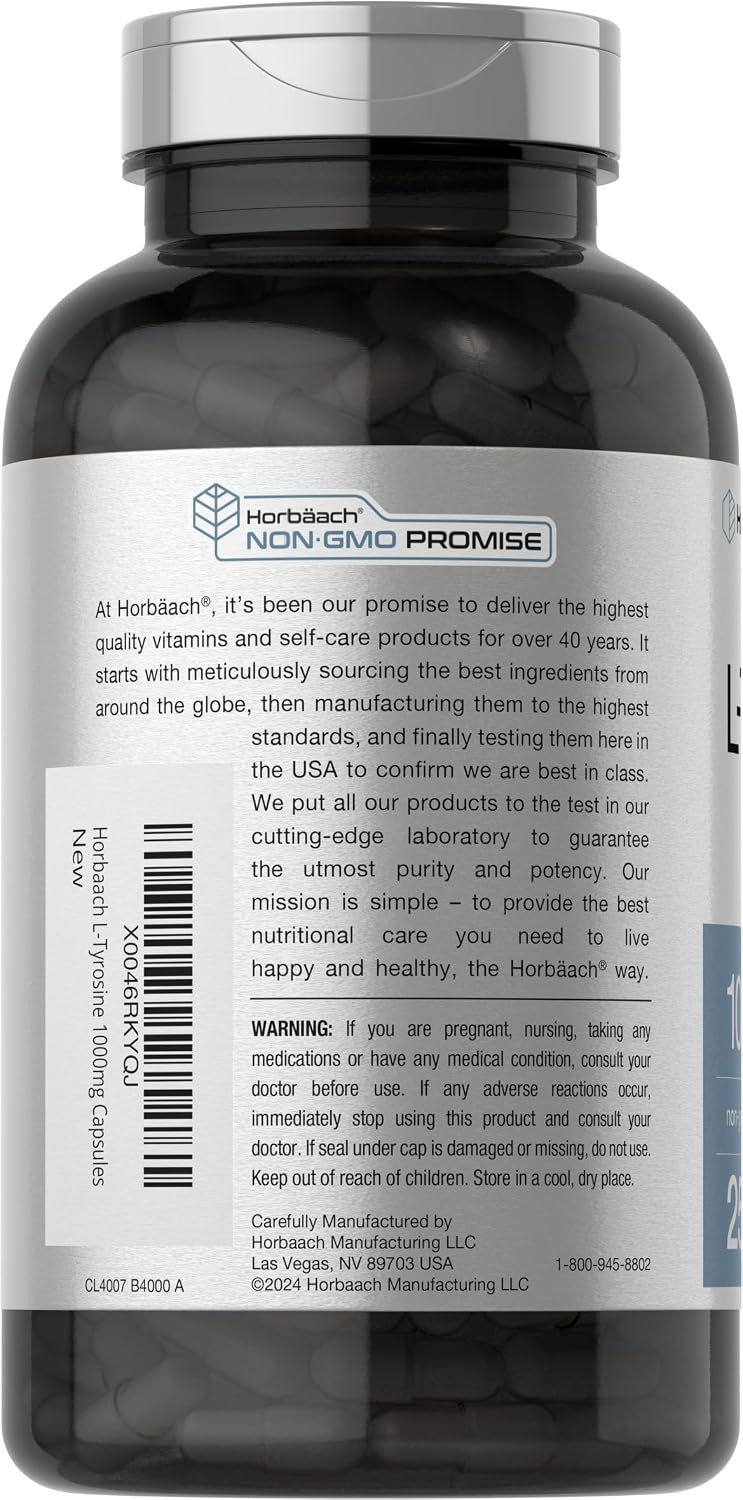 Horbäach L-Tirosina 1000mg | 250 Cápsulas | Suplemento de Aminoácidos | No GMO y Sin Gluten