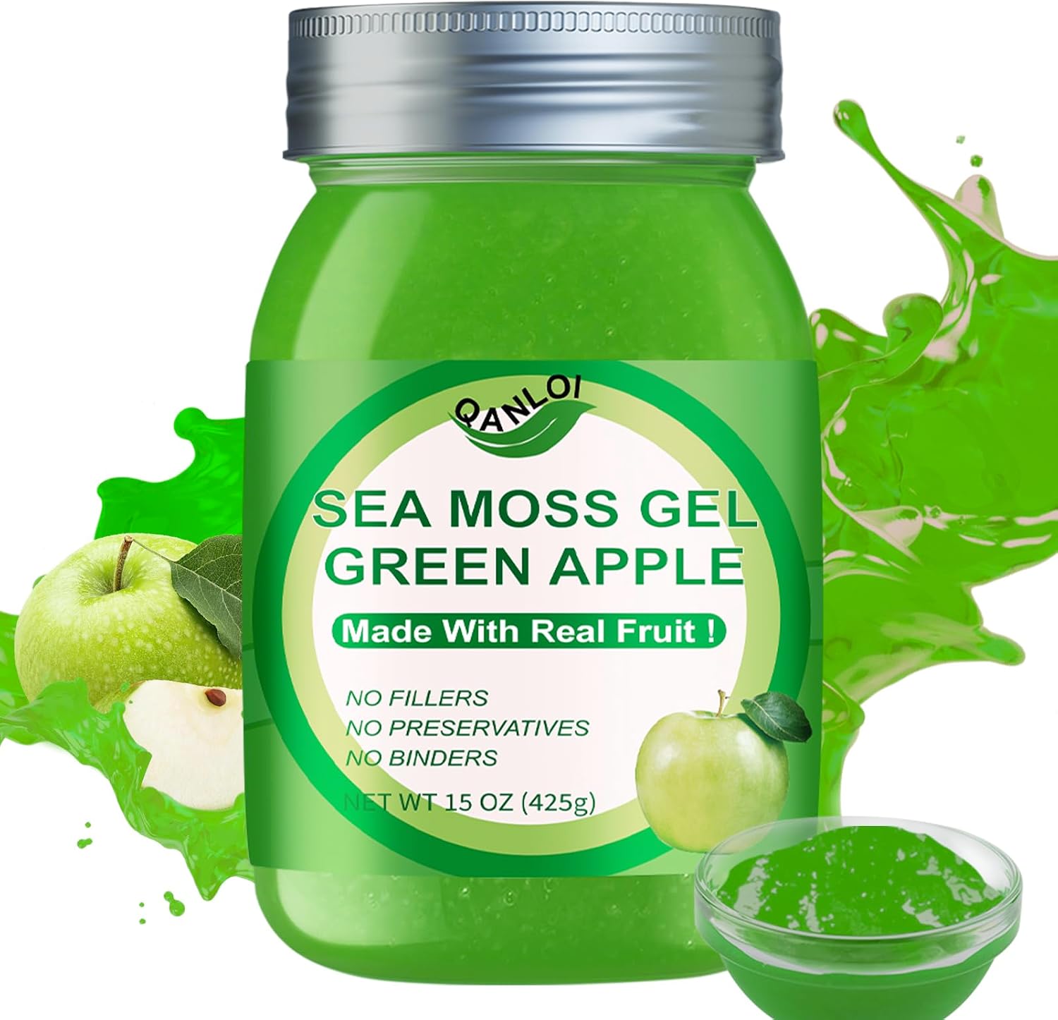 Sea Moss Raw Gel Natural con Irish Sea Moss - Apoyo Inmunológico y Digestivo - 425g (15 oz) - Sabor Manzana Verde