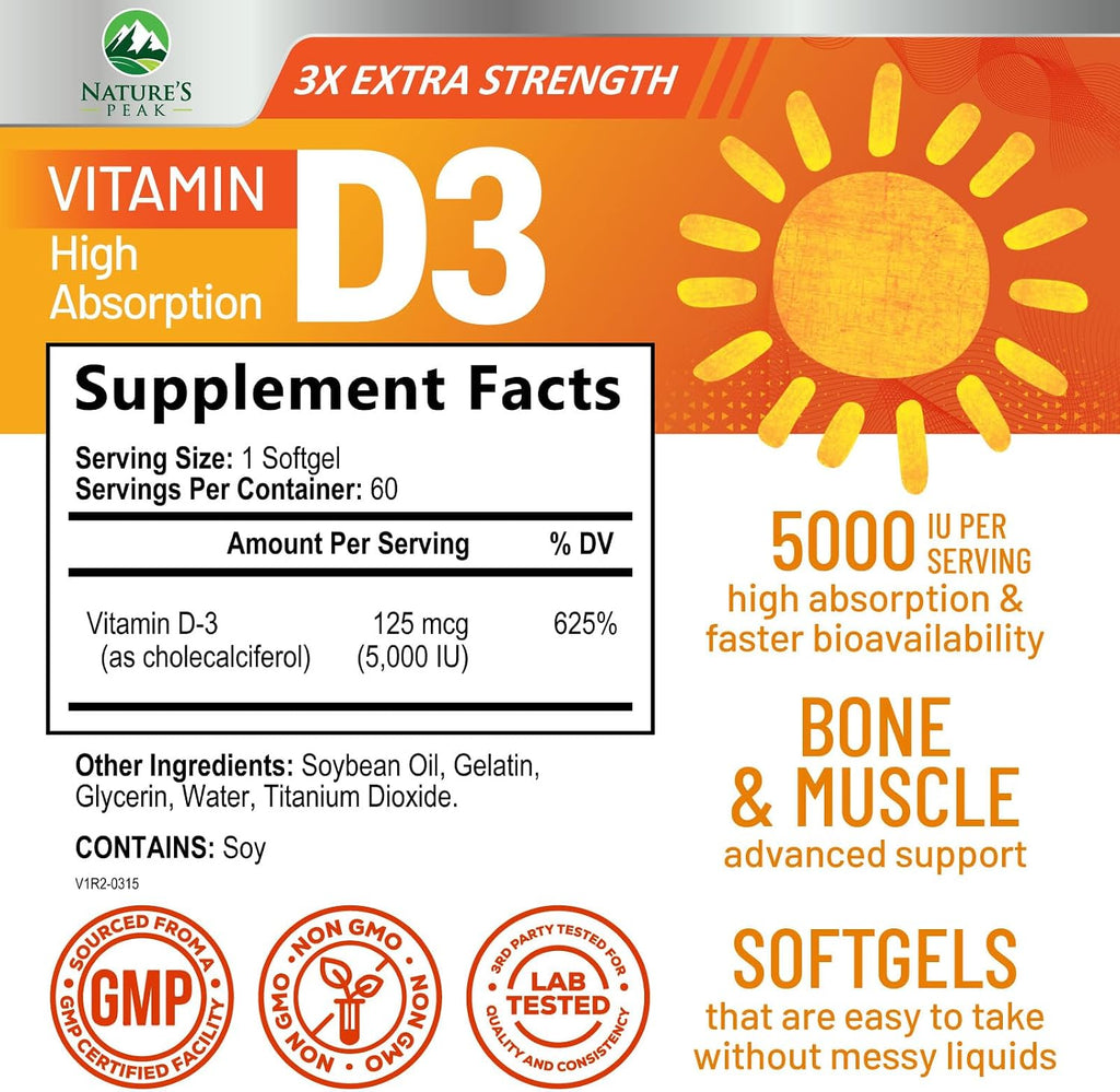 Vitamina D3 5000 IU (125 mcg) - 60 Cápsulas Blandas - Nature's Peak