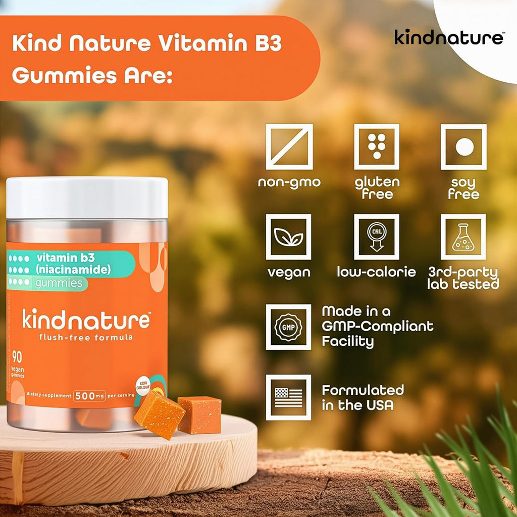 kindnature Gomitas de Vitamina B3 Niacinamida 500mg – Sin Flush – 90 Gomitas
