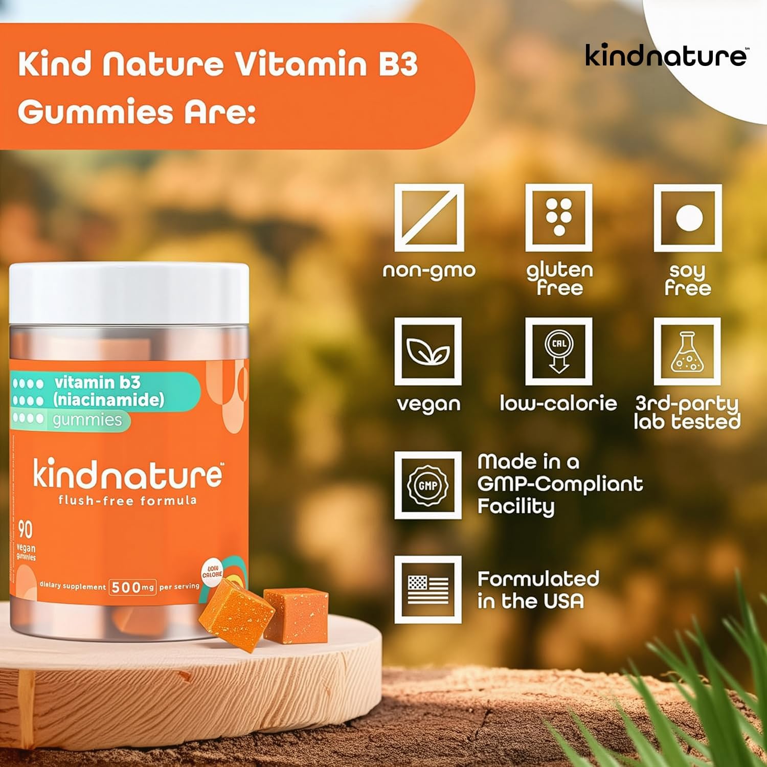 kindnature Gomitas de Vitamina B3 Niacinamida 500mg – Sin Flush – 90 Gomitas