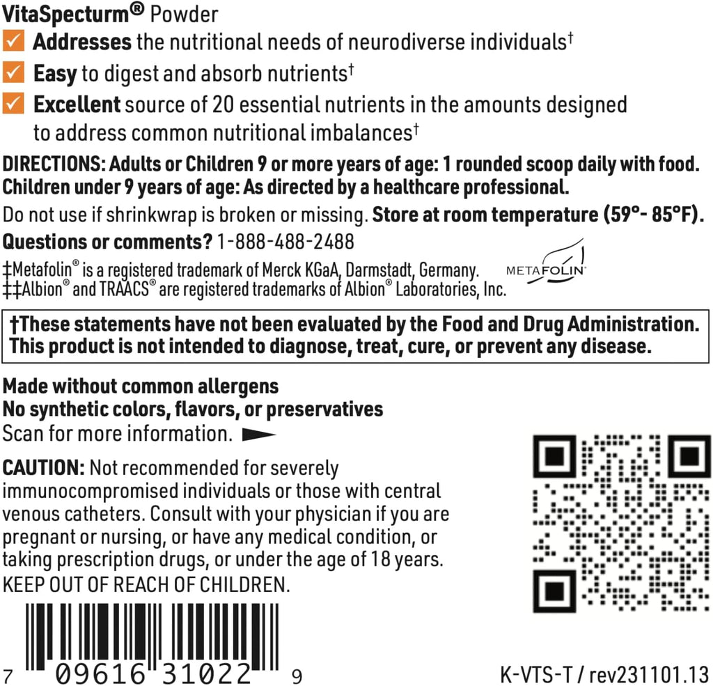 Klaire Labs SFI Health VitaSpectrum Powder - Multivitamínico Infantil en Polvo con 23 Nutrientes Esenciales, Sabor Tropical, Sin Cobre ni Hierro (171 g / 30 raciones)