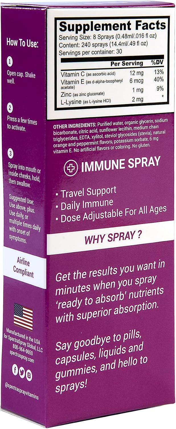 Spectraspray Immune Support Spray Vitamínico Líquido - Vitaminas C, E, Zinc y L-Lisina, 30 Días