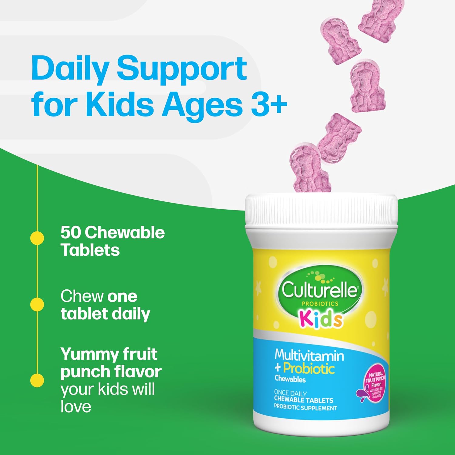 Culturelle Kids Multivitamínico + Probiótico Completo Masticable para Niños de 3+ Años, 50 Comprimidos Sabor Fruta
