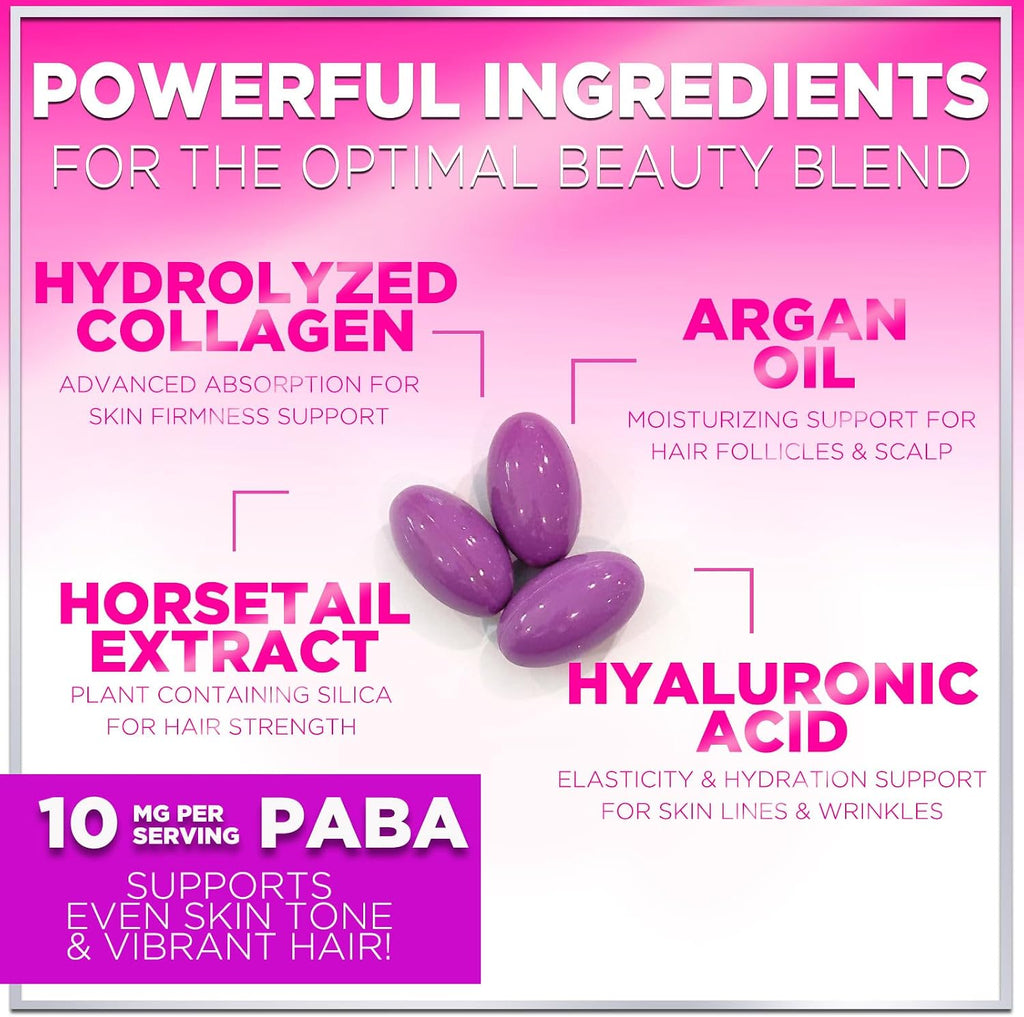 Vitaminas para el Cabello con Biotina, Colágeno y Ácido Hialurónico - Hello Lovely! - 60 Cápsulas Blandas