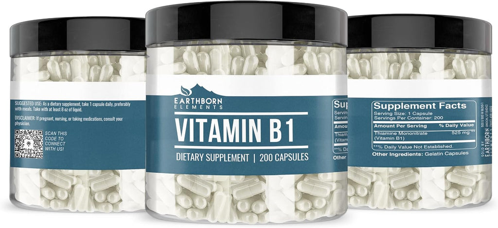 Earthborn Elements Vitamina B1 (Tiamina Mononitrato) - 200 Cápsulas, Pura y sin Aditivos