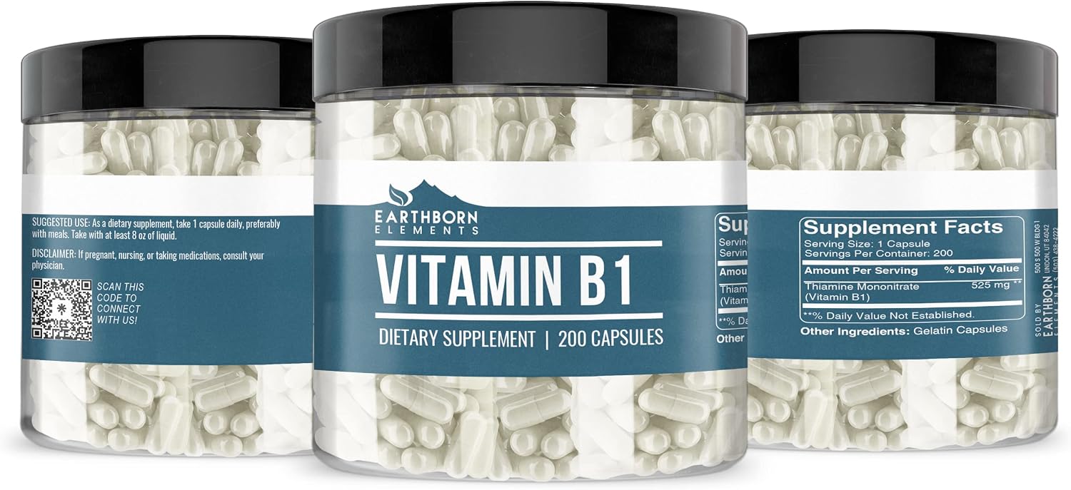 Earthborn Elements Vitamina B1 (Tiamina Mononitrato) - 200 Cápsulas, Pura y sin Aditivos
