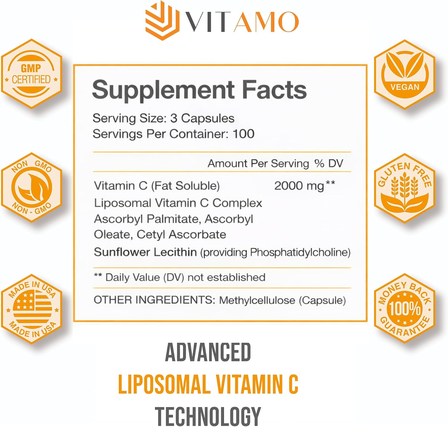 Vitamina C Liposomal 2000 mg - 300 Cápsulas - Alta Absorción - Sin Soja - No-GMO