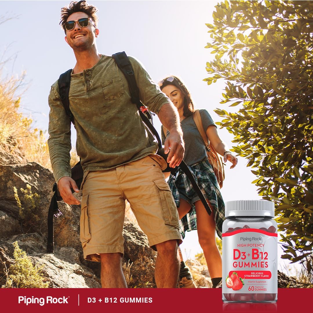 Piping Rock Gomitas de Vitamina D3 y B12 | 60 unidades | Complemento para Mujeres y Hombres | Alta Potencia | Sabor a Fresa | Vegetariano, Sin OGM, Sin Gluten