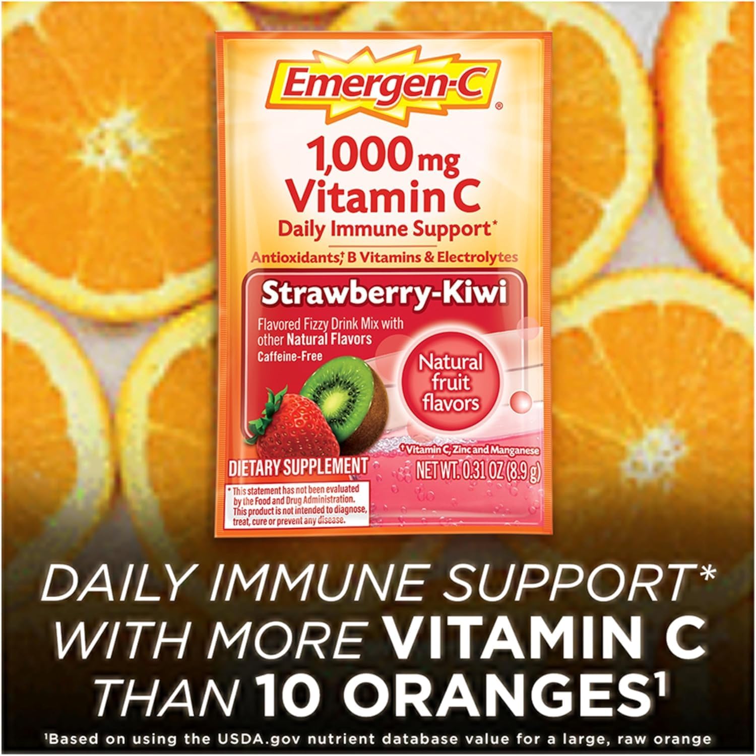 Emergen-C Vitamina C 1000mg Polvo, Sabor Fresa Kiwi, 60 Sobres