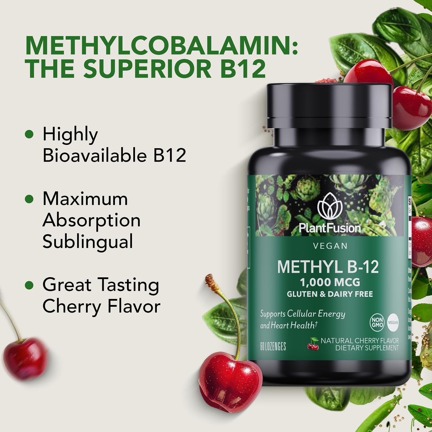PlantFusion Vitamina B12 Metilcobalamina 1000 mcg - 60 Comprimidos Sublinguales Sabor Cereza
