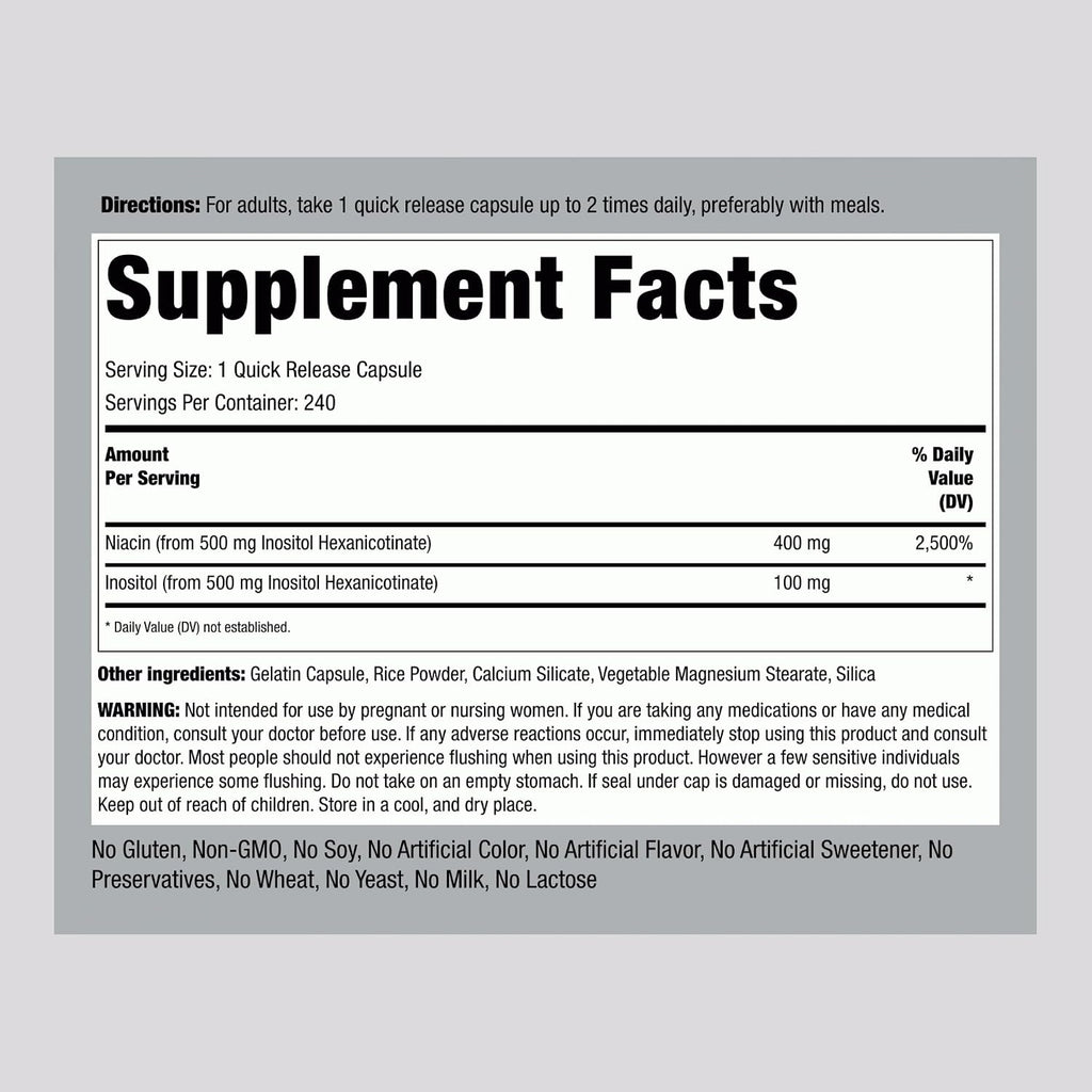 Piping Rock Niacin 500mg Flush Free | 240 Cápsulas | Suplemento de Vitamina B3