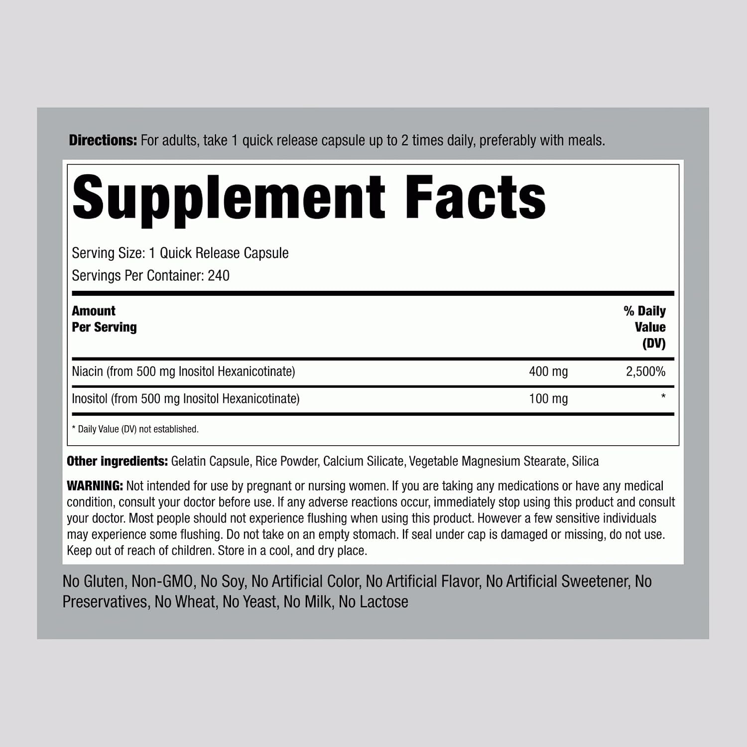 Piping Rock Niacin 500mg Flush Free | 240 Cápsulas | Suplemento de Vitamina B3