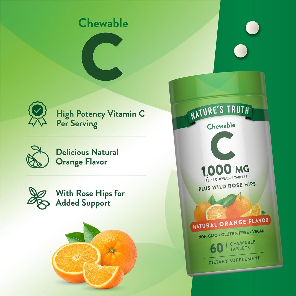 Nature's Truth Chewable Vitamin C with Rose Hips | 1000 mg | 60 Tablets | Vegan, Non-GMO and Gluten-Free