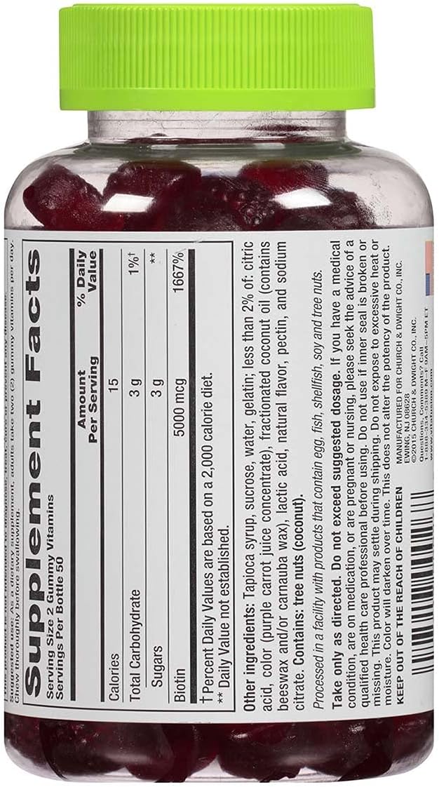 Vitafusion Biotina 5000 mcg Gominolas, Extra Strength, Sabor Natural a Arándano, 100 uds (Pack de 3)
