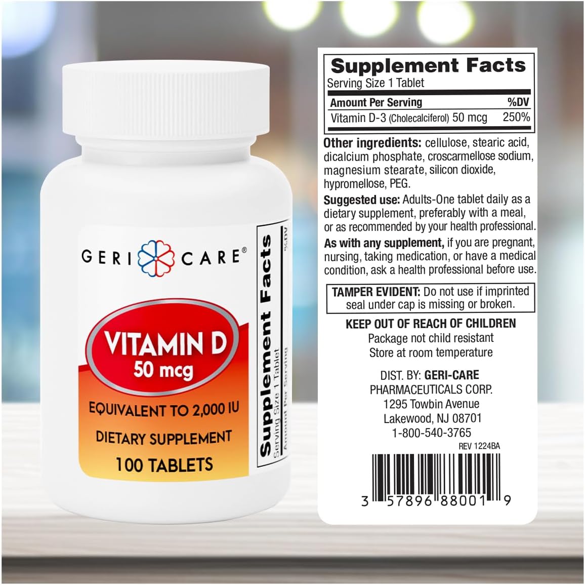 GeriCare Vitamina D 50 mcg (2000 UI) – 100 Comprimidos – Salud Ósea, Función Muscular y Apoyo Inmune