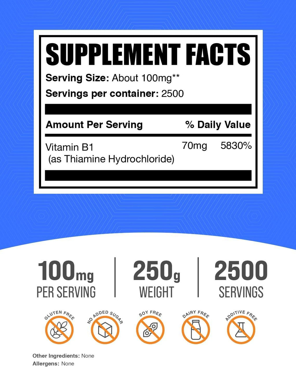 BulkSupplements Thiamine HCl Powder - Polvo de Tiamina HCl (Vitamina B1) 100mg por Dosis, 250g