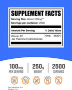BulkSupplements Thiamine HCl Powder - Polvo de Tiamina HCl (Vitamina B1) 100mg por Dosis, 250g