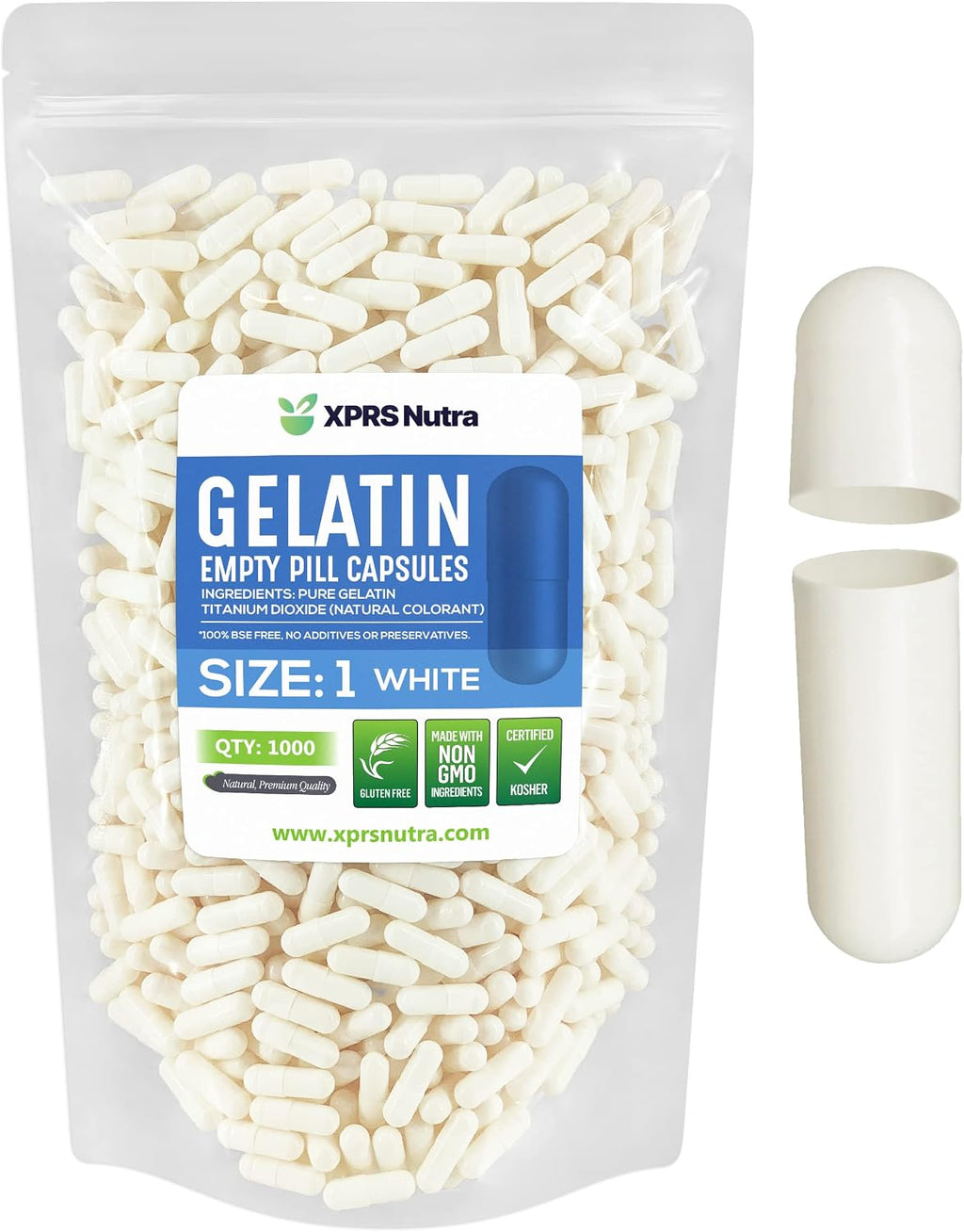 Cápsulas Vacías de Gelatina Tamaño 1 - 1000 Unidades (Blanco) de XPRS Nutra