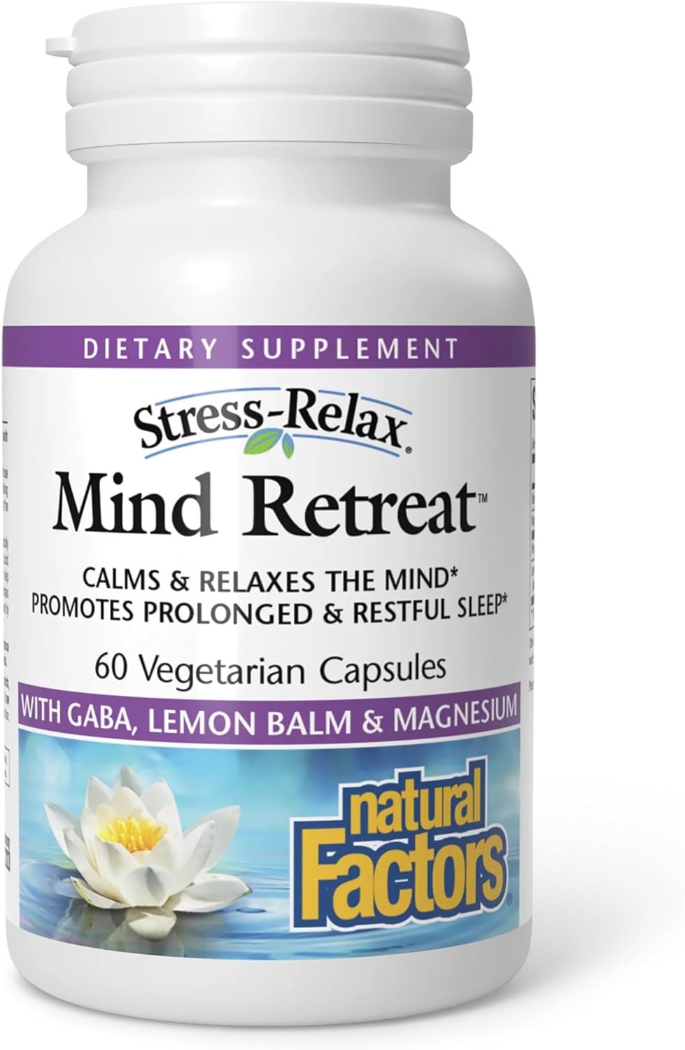 Natural Factors Mind Retreat - Suplemento para la relajación con PharmaGABA, Magnesio Glicinato, Extracto de Melisa y Vitamina B6 - 60 Cápsulas Vegetales