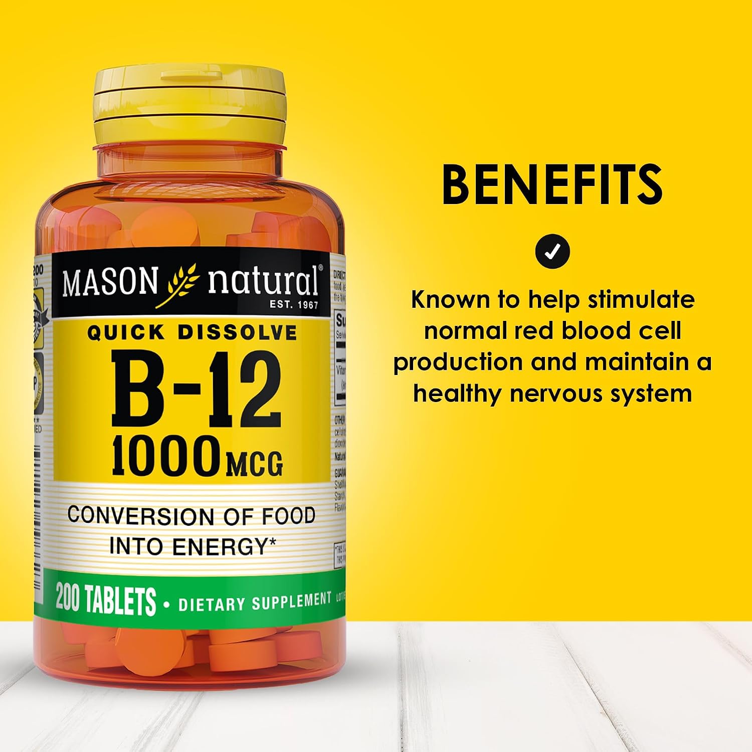 MASON NATURAL Vitamina B12 1000 mcg Comprimidos de Disolución Rápida, 200 Comprimidos