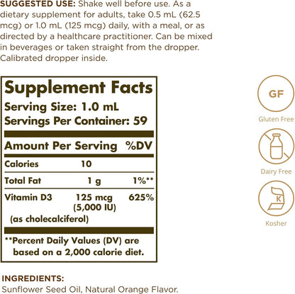Solgar Vitamina D3 Líquida 125 mcg (5000 UI) – Ayuda a mantener los niveles normales de calcio en sangre. – Image 2