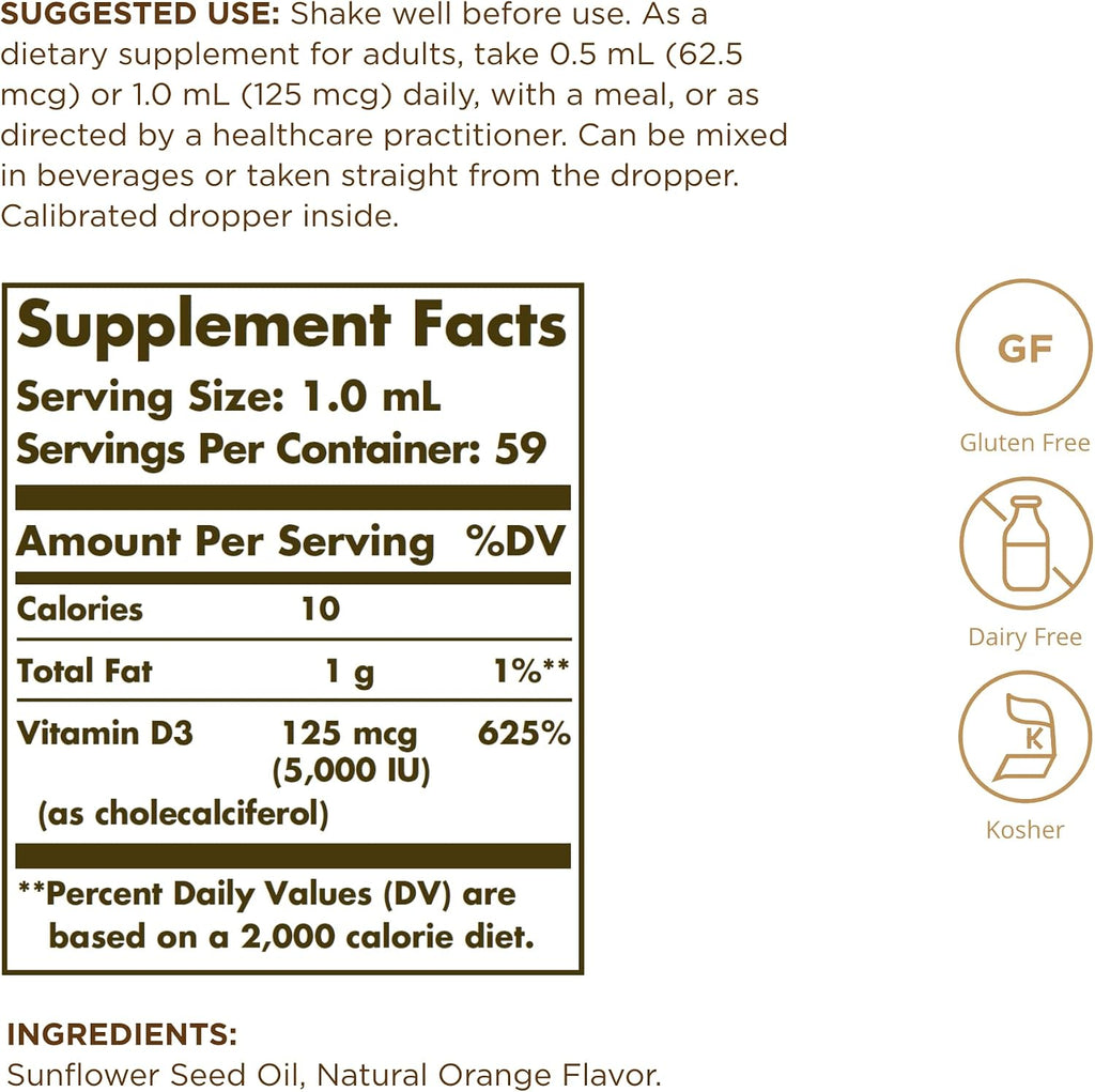 Solgar Vitamina D3 Líquida 125 mcg (5.000 UI) - 59,2 ml, paquete de 2 - Sabor Naranja Natural