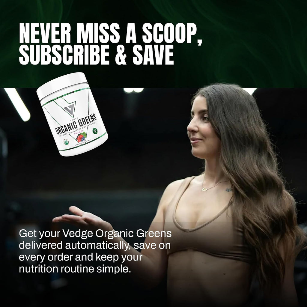 VEDGE Nutrition Organic Greens – Superalimentos Verdes Veganos en Polvo – 30 Raciones – Sabor Bayas Mixtas