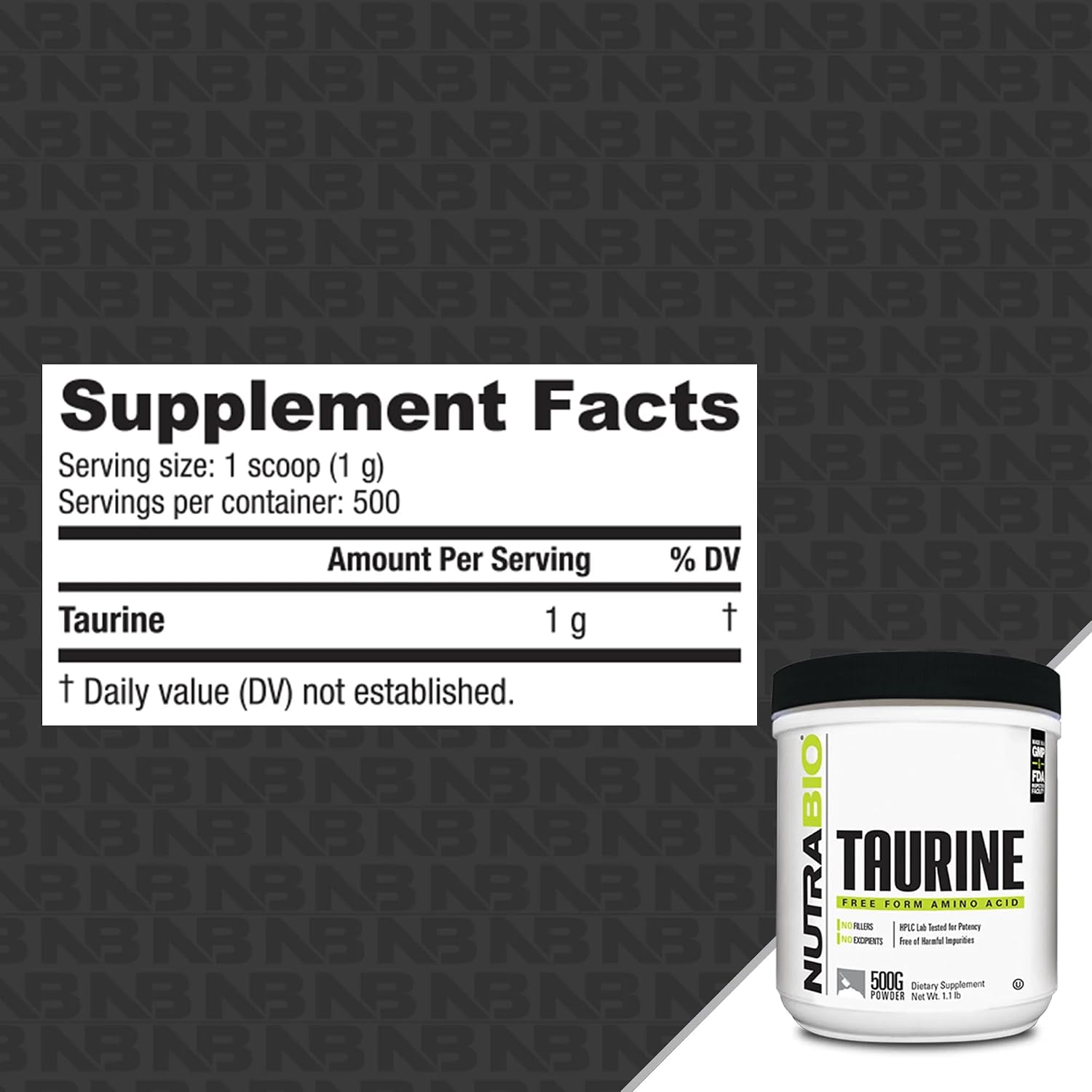 NutraBio Polvo de Taurina 500g | L-Taurina Pura Grado USP