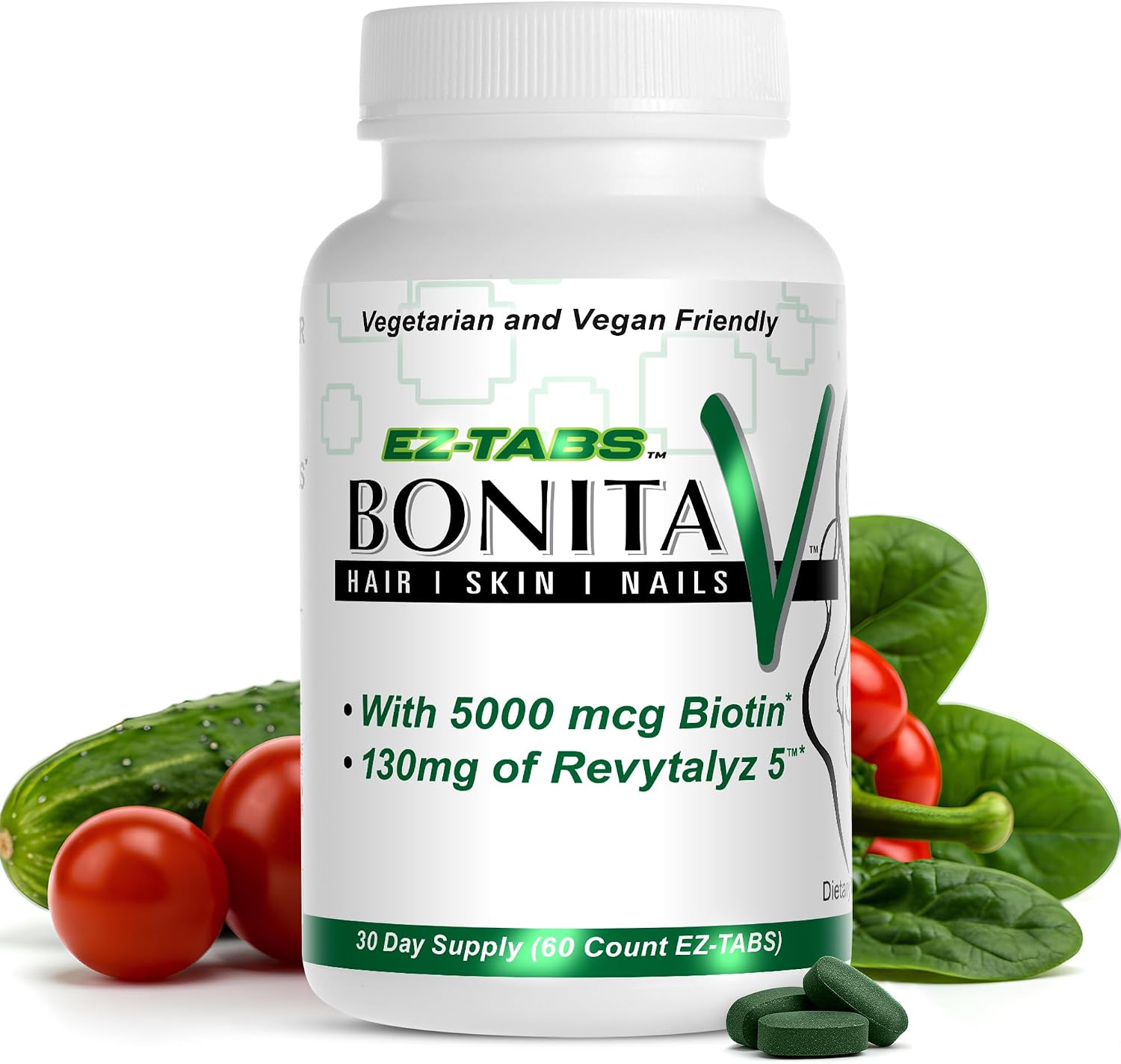 Essential Source Bonita V - Vitaminas para Cabello, Piel y Uñas - 5000 mcg Biotina - 60 Comprimidos Veganos