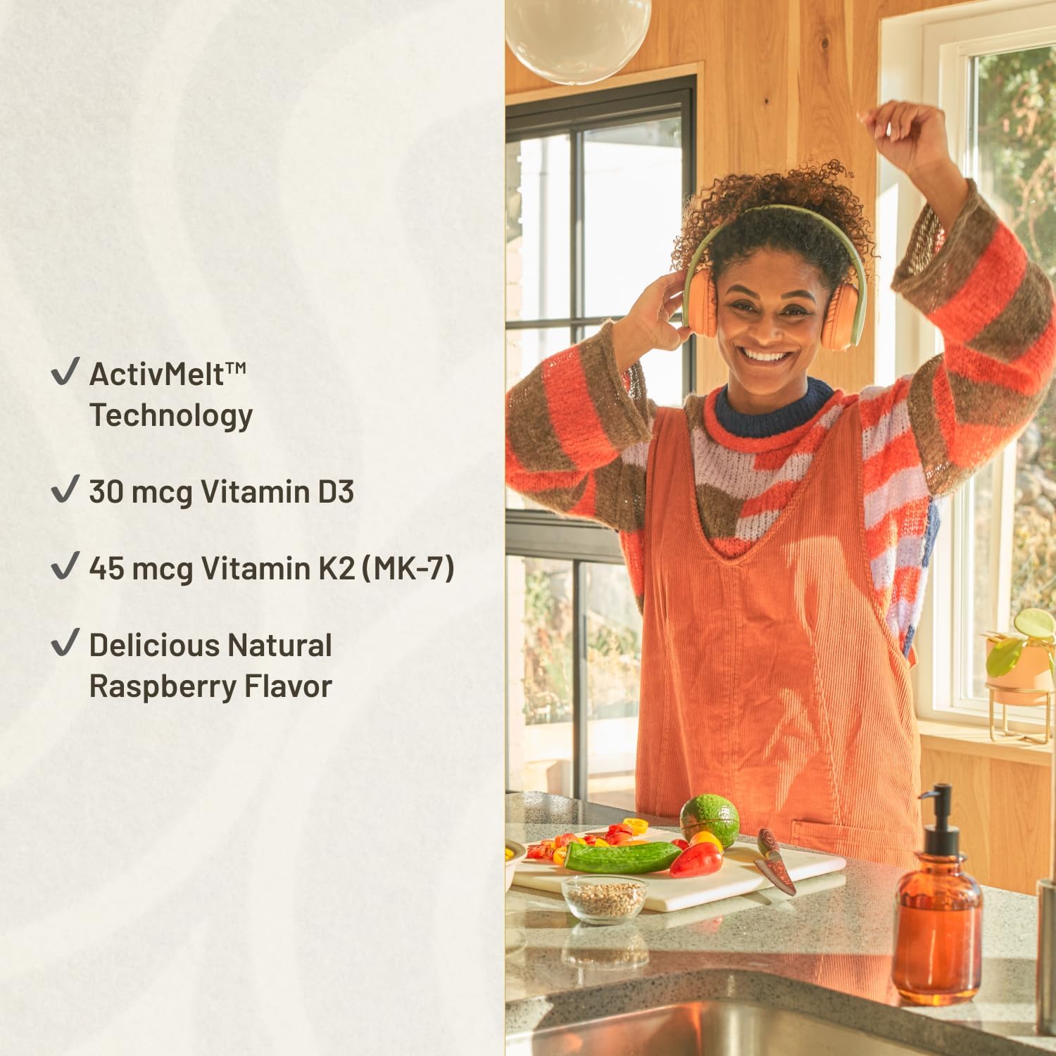 KAL Vitamina D3 K2 ActivMelt - Complemento con D3 y K2 MK-7, Comprimidos de disolución rápida, Sabor natural a frambuesa, 60 dosis