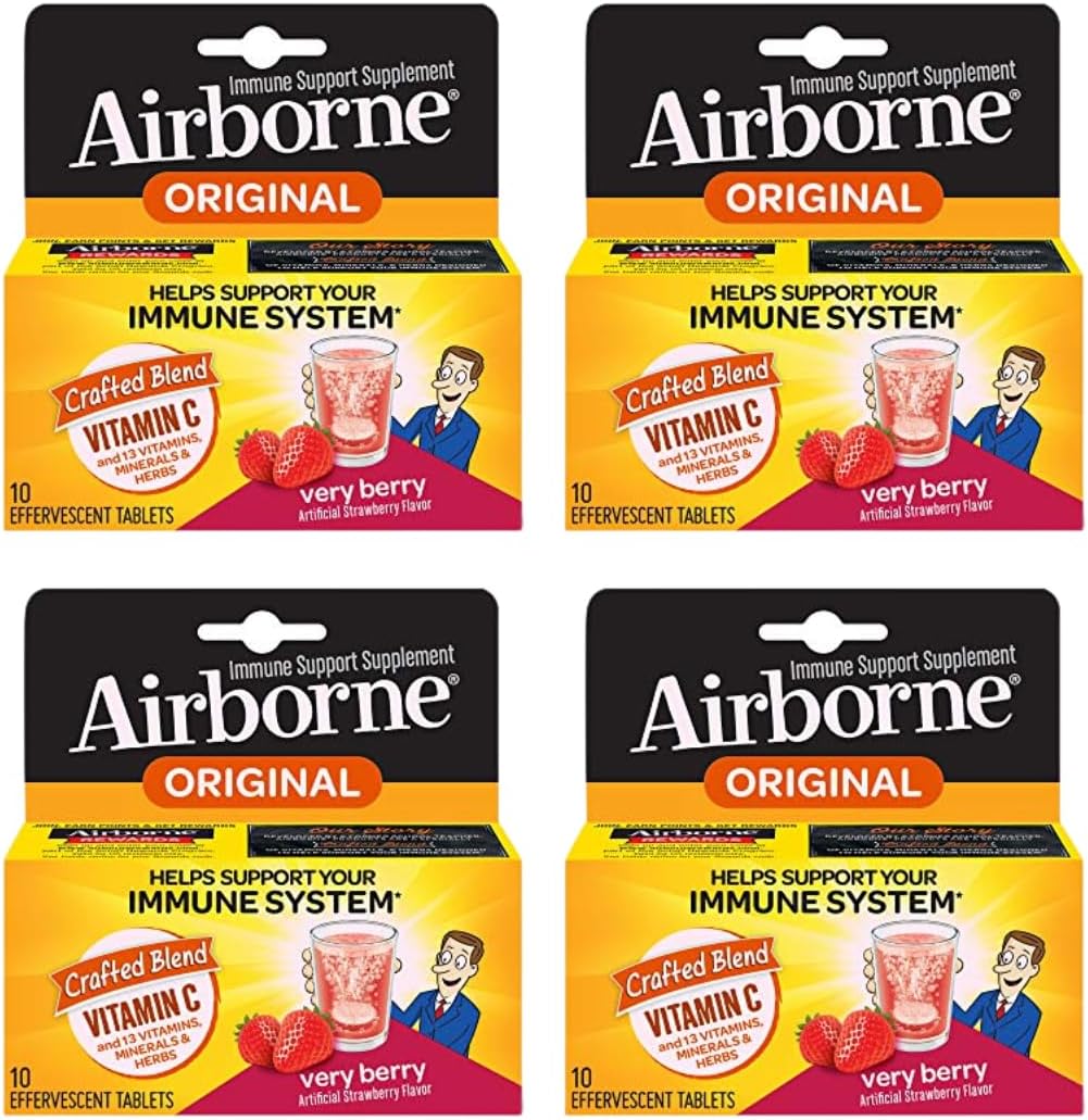 Airborne Muy Baya Comprimidos Efervescentes, 10 unidades - 1000mg de Vitamina C - Paquete de 4