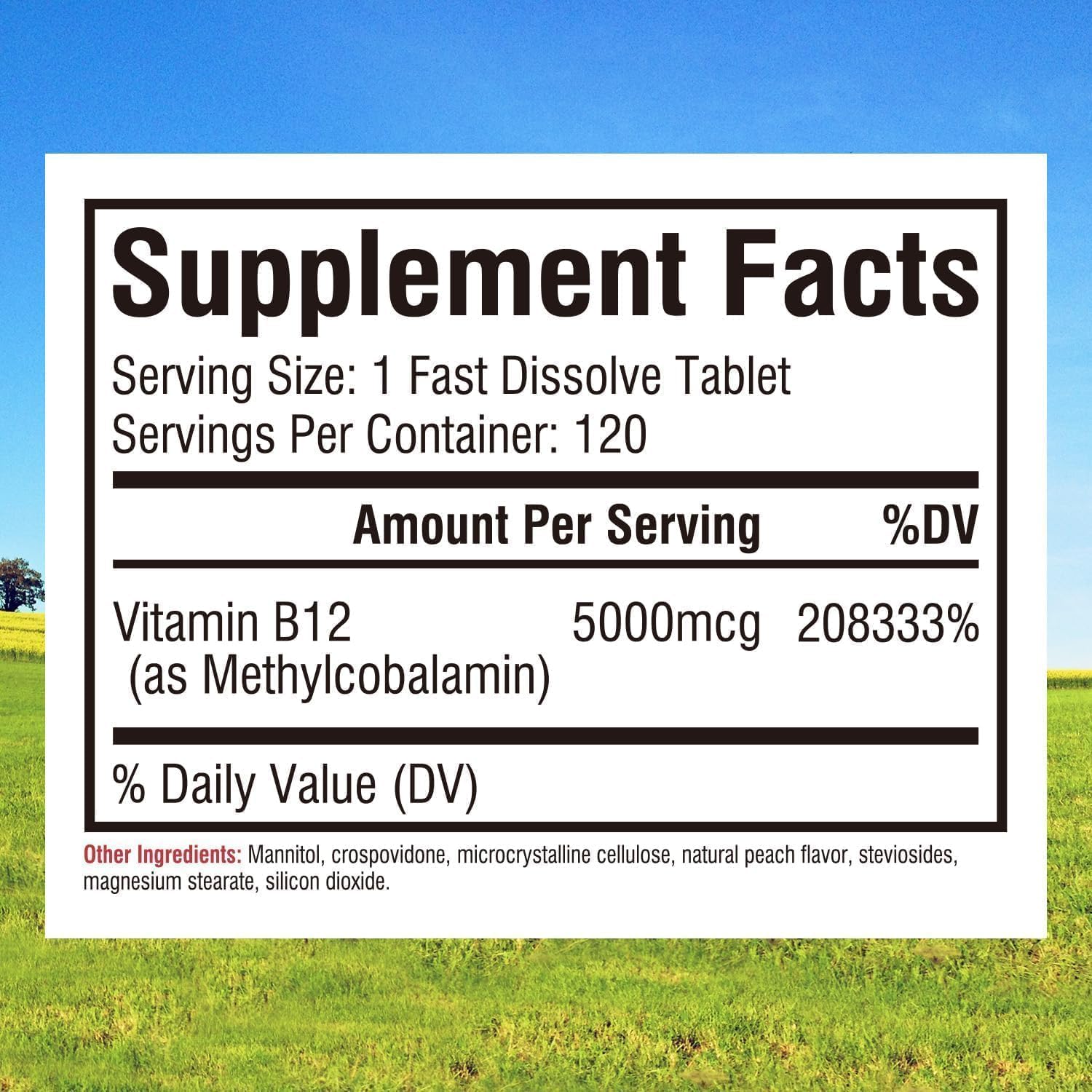 Innate Vitality Vitamina B12 5000mcg Sublingual - Metilcobalamina Vegana, Comprimidos de Disolución Rápida con Sabor a Melocotón Natural, 120 Comprimidos