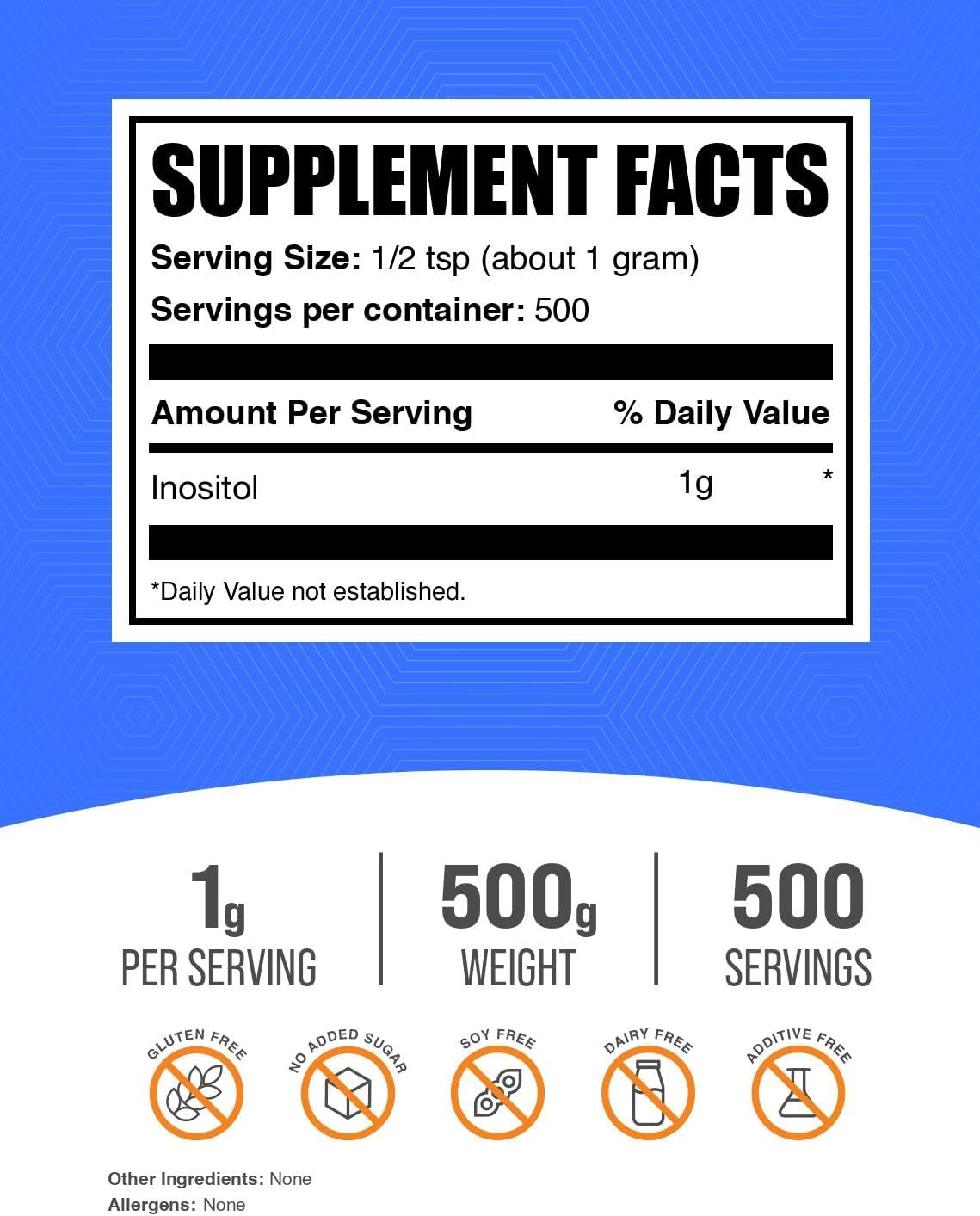 BulkSupplements.com Inositol en Polvo - Suplemento de Inositol (Vitamina B8) - Sin Sabor y Sin Gluten, 500 g