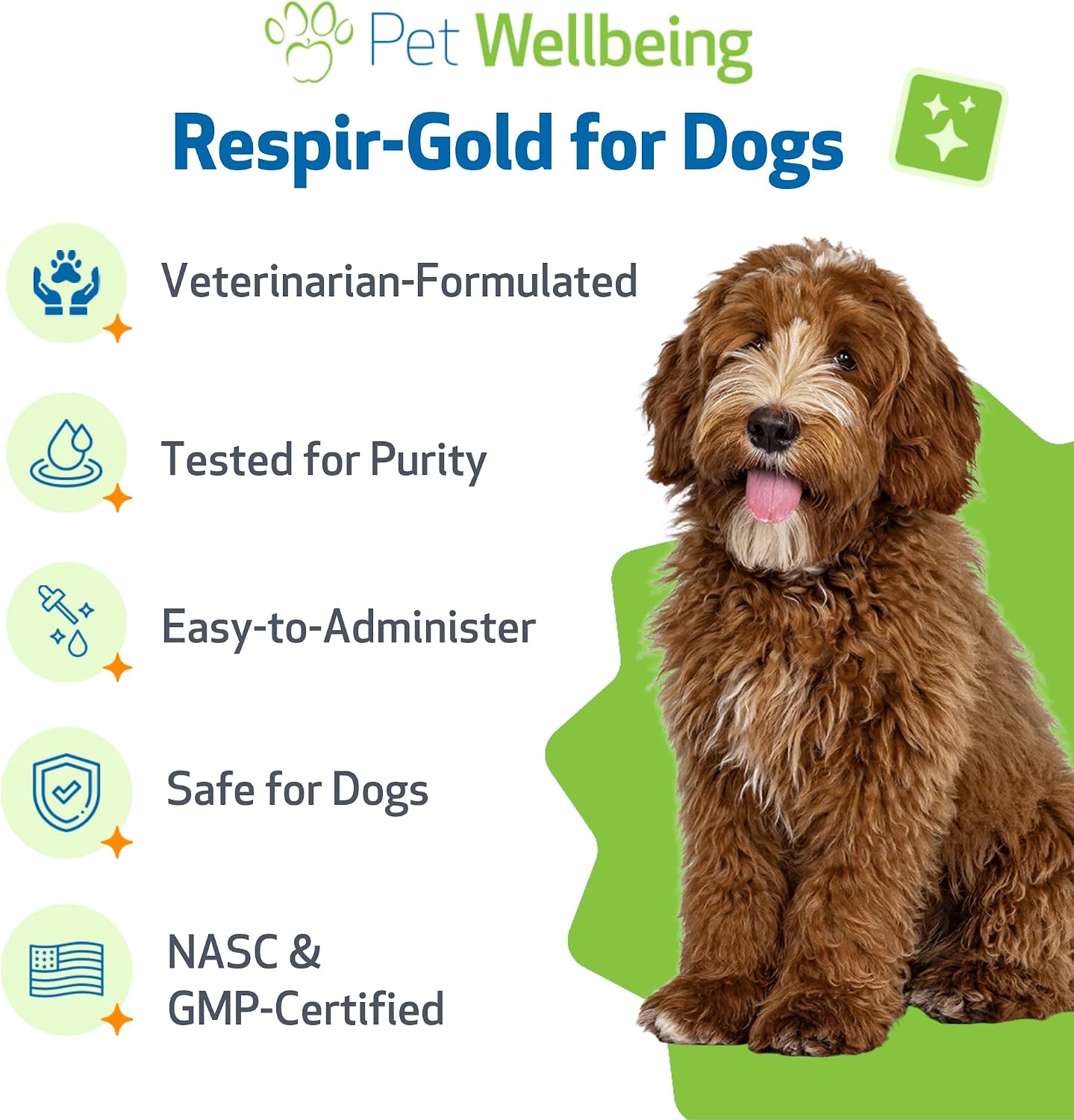 Pet Wellbeing Respir-Gold para Perros - Suplemento Líquido para Vías Respiratorias y Pulmones, con Comino Negro y Boswellia, Sabor Natural a Bacon, 59 ml